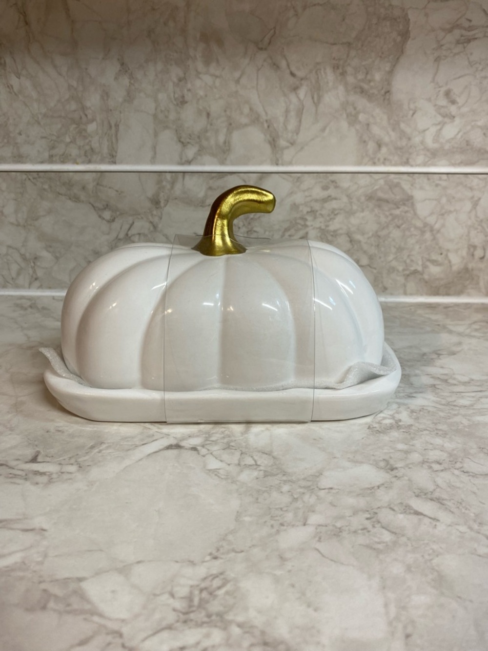 Ceramic White Pumpkin Butter Dish with Gold Stem